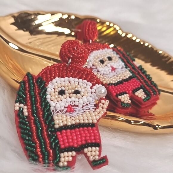 Cb1 BLING SURFER SANTA CHRISTMAS EARRINGS beaded pearl - Picture 5 of 8